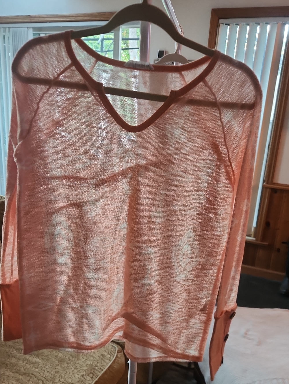 MACARON Sheer Peach V-Neck Lightweight Knit Top